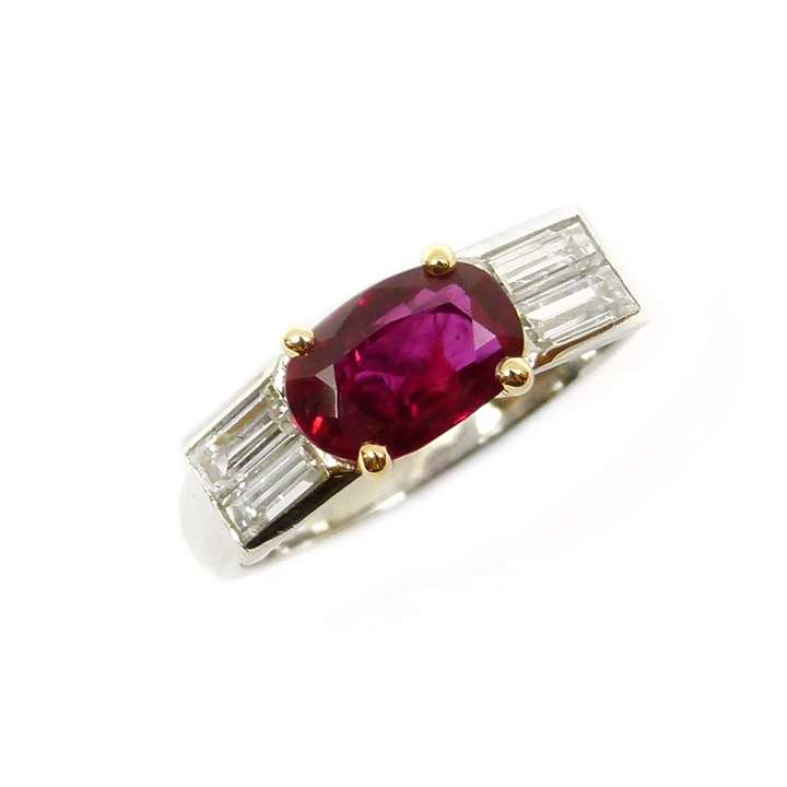 Art Deco single stone Burma ruby and diamond ring, the cushion cut ruby, 1.51ct